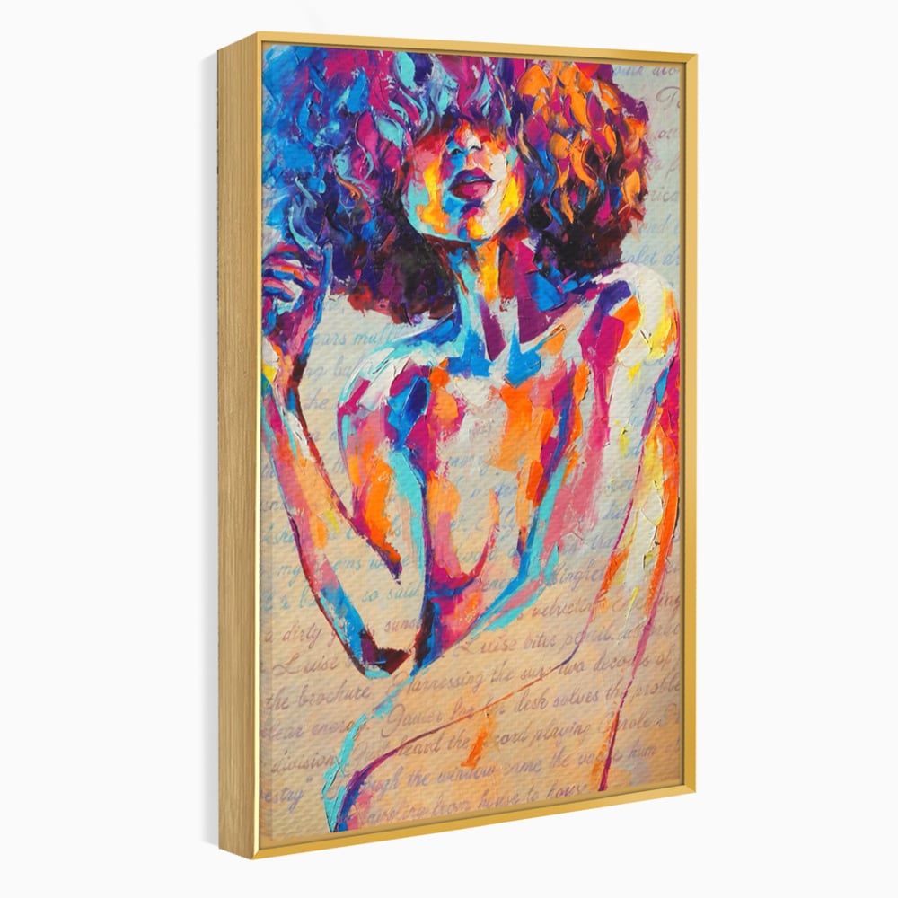 Tablou canvas cu tablou canvas cu portret abstract de femeie, in rama de aluminiu auriu